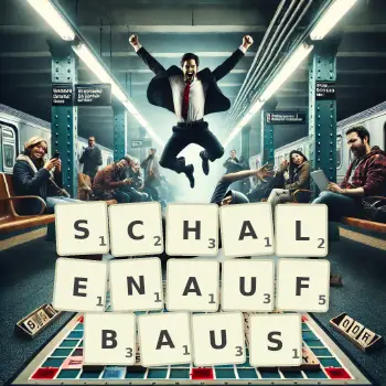 Kreative Illustration für ein Scrabble-Spiel, bei dem das Wort SCHALENAUFBAUS mit Steinen auf dem Brett gelegt wurde.