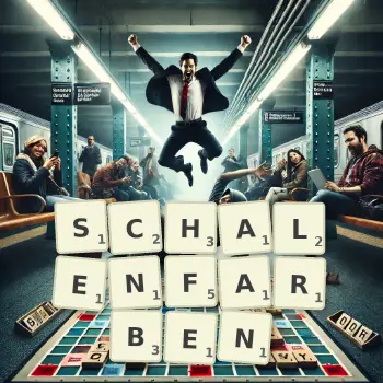 Kreative Illustration für ein Scrabble-Spiel, bei dem das Wort SCHALENFARBEN mit Steinen auf dem Brett gelegt wurde.