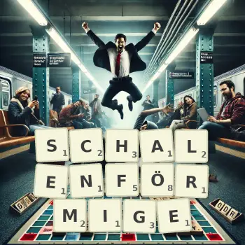 Kreative Illustration für ein Scrabble-Spiel, bei dem das Wort SCHALENFÖRMIGE mit Steinen auf dem Brett gelegt wurde.