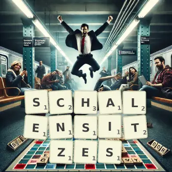 Kreative Illustration für ein Scrabble-Spiel, bei dem das Wort SCHALENSITZES mit Steinen auf dem Brett gelegt wurde.