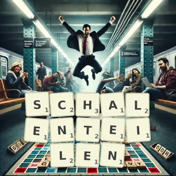 Kreative Illustration für ein Scrabble-Spiel, bei dem das Wort SCHALENTEILEN mit Steinen auf dem Brett gelegt wurde.