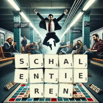 Kreative Illustration für ein Scrabble-Spiel, bei dem das Wort SCHALENTIEREN mit Steinen auf dem Brett gelegt wurde.
