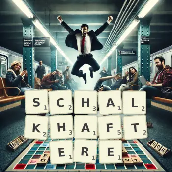 Kreative Illustration für ein Scrabble-Spiel, bei dem das Wort SCHALKHAFTERE mit Steinen auf dem Brett gelegt wurde.