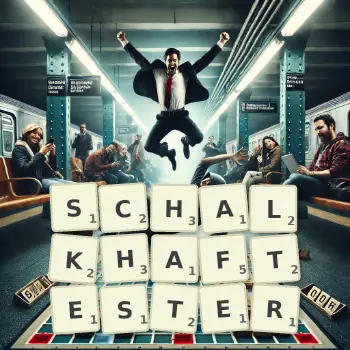 Kreative Illustration für ein Scrabble-Spiel, bei dem das Wort SCHALKHAFTESTER mit Steinen auf dem Brett gelegt wurde.