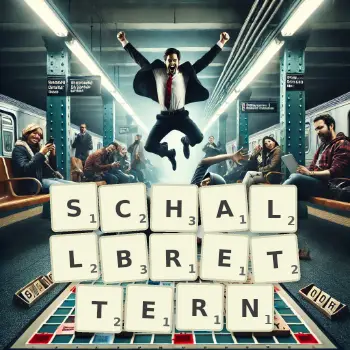Kreative Illustration für ein Scrabble-Spiel, bei dem das Wort SCHALLBRETTERN mit Steinen auf dem Brett gelegt wurde.