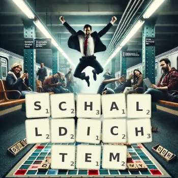 Kreative Illustration für ein Scrabble-Spiel, bei dem das Wort SCHALLDICHTEM mit Steinen auf dem Brett gelegt wurde.