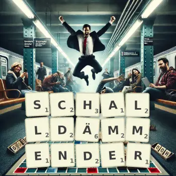 Kreative Illustration für ein Scrabble-Spiel, bei dem das Wort SCHALLDÄMMENDER mit Steinen auf dem Brett gelegt wurde.