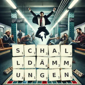 Kreative Illustration für ein Scrabble-Spiel, bei dem das Wort SCHALLDÄMMUNGEN mit Steinen auf dem Brett gelegt wurde.