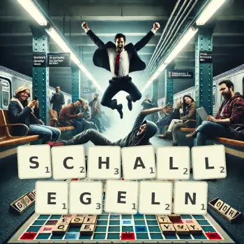 Kreative Illustration für ein Scrabble-Spiel, bei dem das Wort SCHALLEGELN mit Steinen auf dem Brett gelegt wurde.