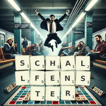 Kreative Illustration für ein Scrabble-Spiel, bei dem das Wort SCHALLFENSTER mit Steinen auf dem Brett gelegt wurde.