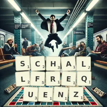 Kreative Illustration für ein Scrabble-Spiel, bei dem das Wort SCHALLFREQUENZ mit Steinen auf dem Brett gelegt wurde.