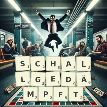 Kreative Illustration für ein Scrabble-Spiel, bei dem das Wort SCHALLGEDÄMPFT mit Steinen auf dem Brett gelegt wurde.