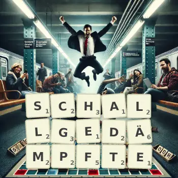 Kreative Illustration für ein Scrabble-Spiel, bei dem das Wort SCHALLGEDÄMPFTE mit Steinen auf dem Brett gelegt wurde.
