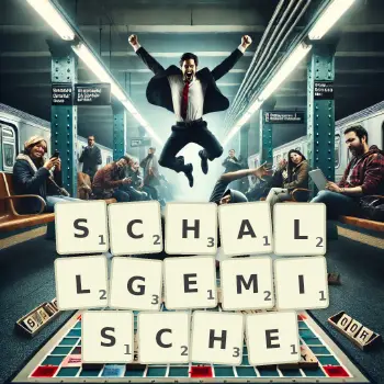 Kreative Illustration für ein Scrabble-Spiel, bei dem das Wort SCHALLGEMISCHE mit Steinen auf dem Brett gelegt wurde.