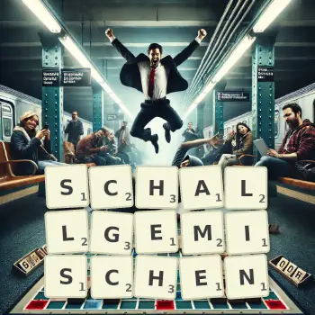 Kreative Illustration für ein Scrabble-Spiel, bei dem das Wort SCHALLGEMISCHEN mit Steinen auf dem Brett gelegt wurde.