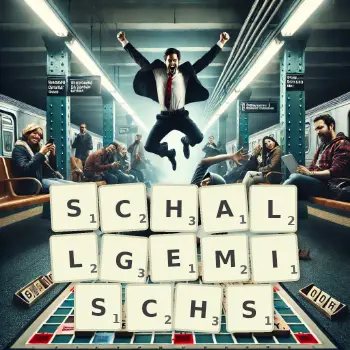 Kreative Illustration für ein Scrabble-Spiel, bei dem das Wort SCHALLGEMISCHS mit Steinen auf dem Brett gelegt wurde.