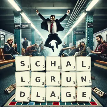 Kreative Illustration für ein Scrabble-Spiel, bei dem das Wort SCHALLGRUNDLAGE mit Steinen auf dem Brett gelegt wurde.