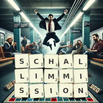 Kreative Illustration für ein Scrabble-Spiel, bei dem das Wort SCHALLIMMISSION mit Steinen auf dem Brett gelegt wurde.