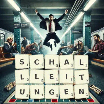 Kreative Illustration für ein Scrabble-Spiel, bei dem das Wort SCHALLLEITUNGEN mit Steinen auf dem Brett gelegt wurde.
