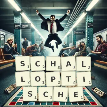 Kreative Illustration für ein Scrabble-Spiel, bei dem das Wort SCHALLOPTISCHE mit Steinen auf dem Brett gelegt wurde.
