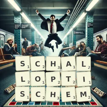 Kreative Illustration für ein Scrabble-Spiel, bei dem das Wort SCHALLOPTISCHEM mit Steinen auf dem Brett gelegt wurde.