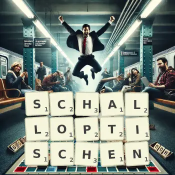 Kreative Illustration für ein Scrabble-Spiel, bei dem das Wort SCHALLOPTISCHEN mit Steinen auf dem Brett gelegt wurde.