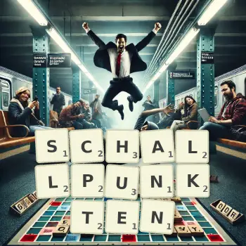 Kreative Illustration für ein Scrabble-Spiel, bei dem das Wort SCHALLPUNKTEN mit Steinen auf dem Brett gelegt wurde.