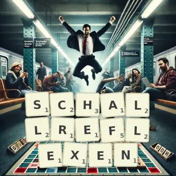 Kreative Illustration für ein Scrabble-Spiel, bei dem das Wort SCHALLREFLEXEN mit Steinen auf dem Brett gelegt wurde.