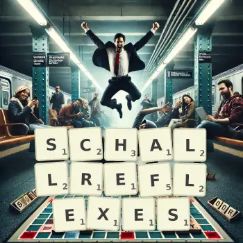 Kreative Illustration für ein Scrabble-Spiel, bei dem das Wort SCHALLREFLEXES mit Steinen auf dem Brett gelegt wurde.