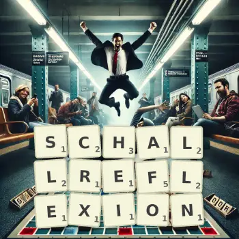 Kreative Illustration für ein Scrabble-Spiel, bei dem das Wort SCHALLREFLEXION mit Steinen auf dem Brett gelegt wurde.