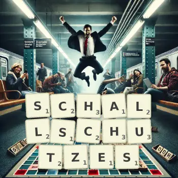Kreative Illustration für ein Scrabble-Spiel, bei dem das Wort SCHALLSCHUTZES mit Steinen auf dem Brett gelegt wurde.