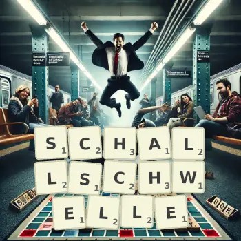 Kreative Illustration für ein Scrabble-Spiel, bei dem das Wort SCHALLSCHWELLE mit Steinen auf dem Brett gelegt wurde.
