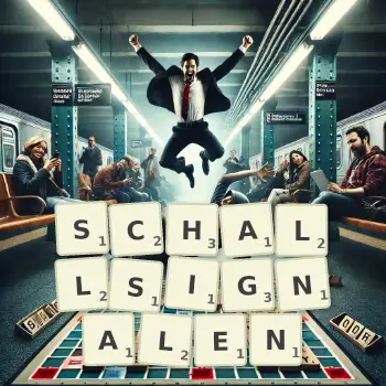 Kreative Illustration für ein Scrabble-Spiel, bei dem das Wort SCHALLSIGNALEN mit Steinen auf dem Brett gelegt wurde.