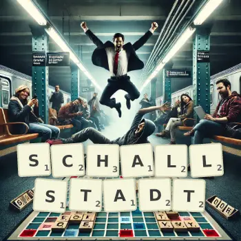 Kreative Illustration für ein Scrabble-Spiel, bei dem das Wort SCHALLSTADT mit Steinen auf dem Brett gelegt wurde.