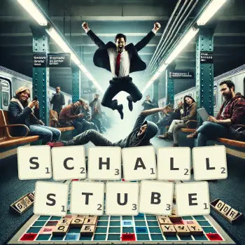 Kreative Illustration für ein Scrabble-Spiel, bei dem das Wort SCHALLSTUBE mit Steinen auf dem Brett gelegt wurde.