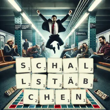 Kreative Illustration für ein Scrabble-Spiel, bei dem das Wort SCHALLSTÄBCHEN mit Steinen auf dem Brett gelegt wurde.