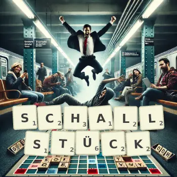 Kreative Illustration für ein Scrabble-Spiel, bei dem das Wort SCHALLSTÜCK mit Steinen auf dem Brett gelegt wurde.
