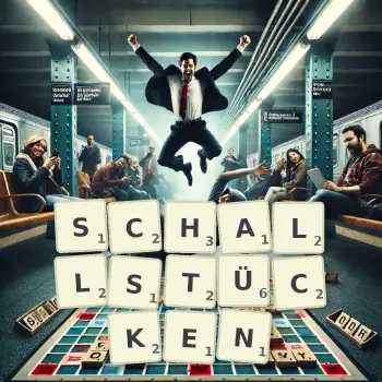 Kreative Illustration für ein Scrabble-Spiel, bei dem das Wort SCHALLSTÜCKEN mit Steinen auf dem Brett gelegt wurde.
