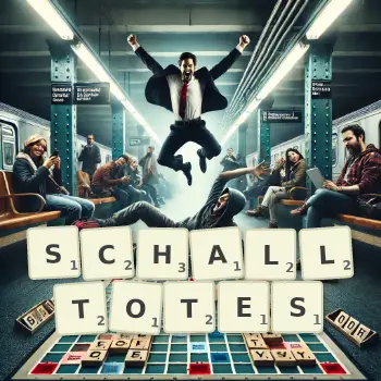 Kreative Illustration für ein Scrabble-Spiel, bei dem das Wort SCHALLTOTES mit Steinen auf dem Brett gelegt wurde.