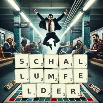 Kreative Illustration für ein Scrabble-Spiel, bei dem das Wort SCHALLUMFELDER mit Steinen auf dem Brett gelegt wurde.