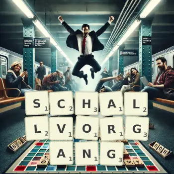 Kreative Illustration für ein Scrabble-Spiel, bei dem das Wort SCHALLVORGANG mit Steinen auf dem Brett gelegt wurde.