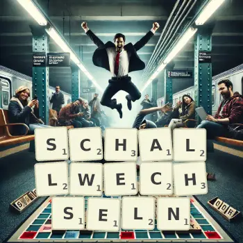 Kreative Illustration für ein Scrabble-Spiel, bei dem das Wort SCHALLWECHSELN mit Steinen auf dem Brett gelegt wurde.