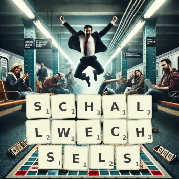 Kreative Illustration für ein Scrabble-Spiel, bei dem das Wort SCHALLWECHSELS mit Steinen auf dem Brett gelegt wurde.