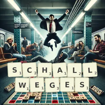 Kreative Illustration für ein Scrabble-Spiel, bei dem das Wort SCHALLWEGES mit Steinen auf dem Brett gelegt wurde.