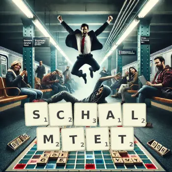 Kreative Illustration für ein Scrabble-Spiel, bei dem das Wort SCHALMTET mit Steinen auf dem Brett gelegt wurde.