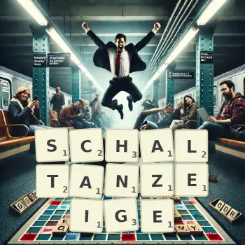 Kreative Illustration für ein Scrabble-Spiel, bei dem das Wort SCHALTANZEIGE mit Steinen auf dem Brett gelegt wurde.