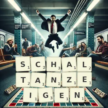 Kreative Illustration für ein Scrabble-Spiel, bei dem das Wort SCHALTANZEIGEN mit Steinen auf dem Brett gelegt wurde.