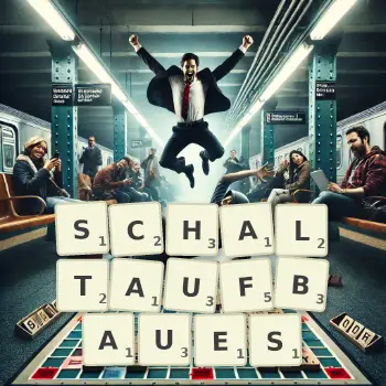 Kreative Illustration für ein Scrabble-Spiel, bei dem das Wort SCHALTAUFBAUES mit Steinen auf dem Brett gelegt wurde.