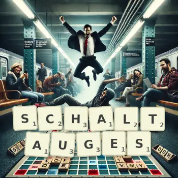 Kreative Illustration für ein Scrabble-Spiel, bei dem das Wort SCHALTAUGES mit Steinen auf dem Brett gelegt wurde.