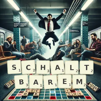 Kreative Illustration für ein Scrabble-Spiel, bei dem das Wort SCHALTBAREM mit Steinen auf dem Brett gelegt wurde.
